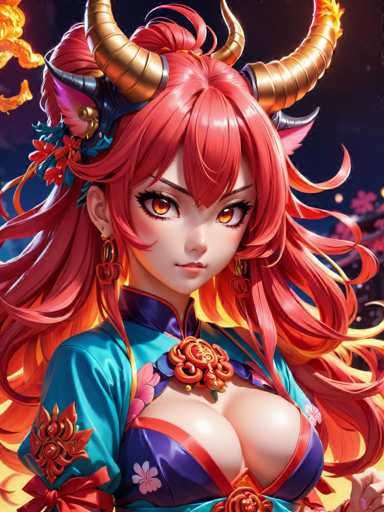 The image shows an illustration of a woman with red hair and horns, dressed in traditional Chinese clothing. She is wearing a blue dress adorned with flowers and has her arms crossed over her chest. The background features a dark purple color, which contrasts with the bright red hair of the woman.