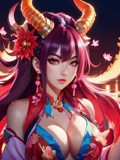 The image depicts a woman with long red hair and large horns wearing a dress adorned with flowers. She is positioned against a dark background, which contrasts with her vibrant attire. The woman's face features striking red eyes that add to the intensity of the scene.