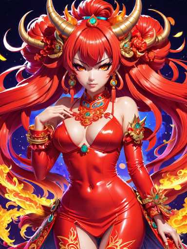 The image depicts a woman with red hair and gold horns wearing a vibrant red dress adorned with gold accents. She is standing against a dark blue background that features a large flame on the right side of her head. The woman's pose suggests she is in a powerful or commanding position, possibly as a queen or ruler.