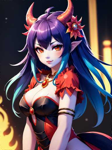 A woman with long blue hair and red lips is depicted wearing a black dress with a gold belt and a flower on her head. She has a serious expression on her face as she gazes directly at the camera. The background features a dark purple color, which contrasts with the woman's attire and adds depth to the image.