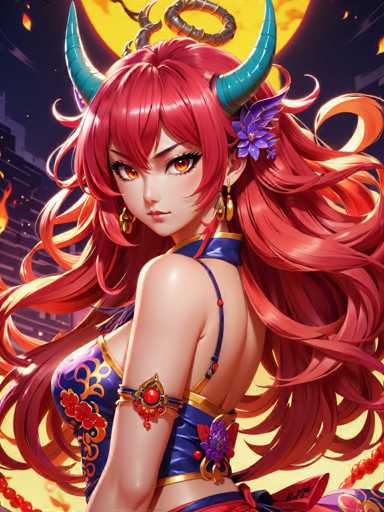 The image shows a woman with long red hair and large horns, dressed in traditional Chinese clothing. She is wearing a blue dress adorned with gold accents and has a flower in her hair. The background features a dark purple sky with flames, suggesting an intense or dramatic atmosphere.