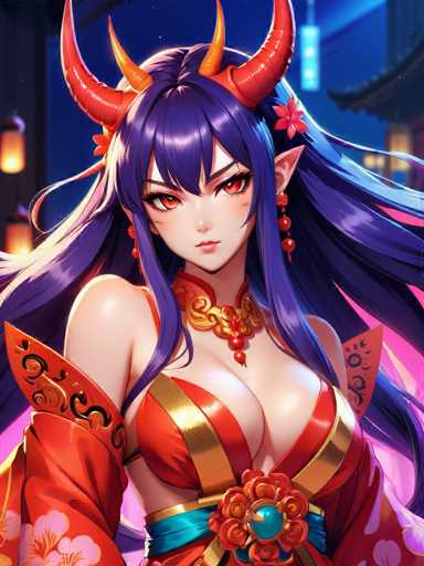 The image depicts a woman with long dark hair and red lips wearing an ornate gold and red dress adorned with a blue flower on the shoulder. She is standing against a backdrop of a cityscape at night, with buildings illuminated by lights that cast a warm glow over her figure. The woman's expression is serious as she gazes directly into the camera.