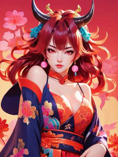 The image shows a close-up portrait of a woman with red hair and large horns. She is wearing an orange and blue dress adorned with flowers on the sleeves. The background features a gradient of pink and orange colors, creating a warm and inviting atmosphere.