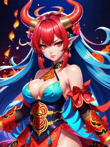 The image depicts a woman with long red hair and blue eyes wearing a dress adorned with gold accents and a matching headdress featuring horns. The background is dark and filled with flames, creating an intense atmosphere around the woman.