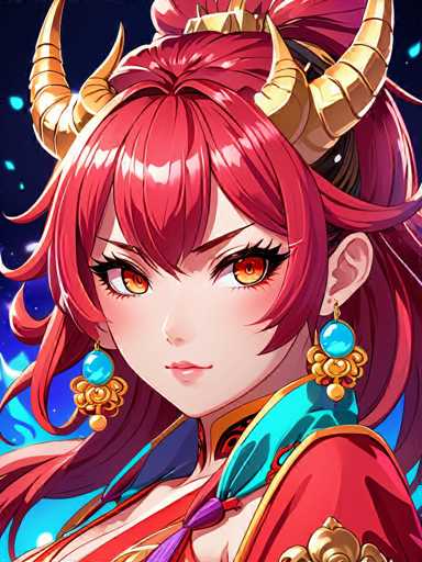 The image shows an illustration of a girl with red hair and gold horns on her head. She is wearing a red dress that has gold accents around the neckline. The girl's face features striking blue eyes and a nose adorned with gold earrings.