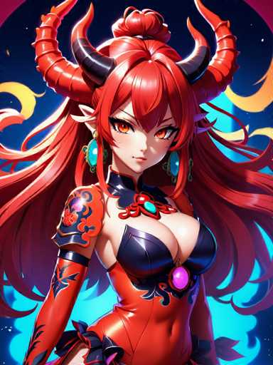 The image shows an illustration of a woman with long red hair and large horns. She is wearing a red dress adorned with gold accents and has a necklace around her neck. The background features a dark blue sky with yellow stars scattered throughout.