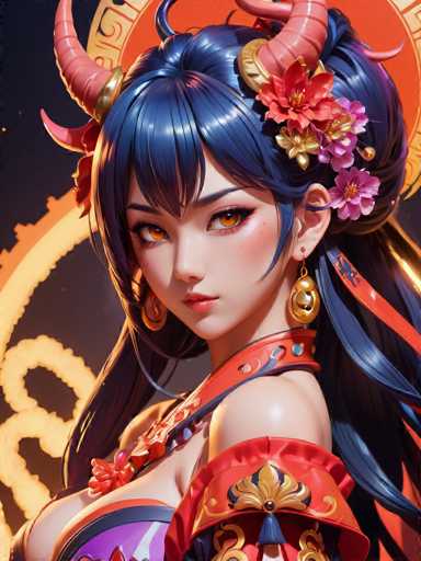 The image shows an illustration of a woman with long dark hair and blue eyes wearing a red dress adorned with gold accents. She is wearing earrings that match the color of her dress. The background features a circular design with a red border, which appears to be part of a larger composition or scene.