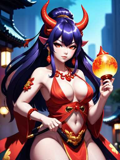 A woman with long dark hair and red hair is depicted wearing a red dress adorned with gold accents and holding an orange ball. She has large horns on her head and is standing against the backdrop of a traditional Chinese building.