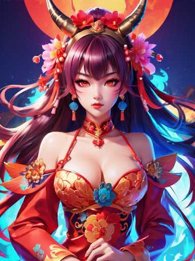 The image shows a digital illustration of a woman with long hair and red hair styled in an updo. She is wearing a traditional Chinese dress that features a gold collar and a flower on her head. The background of the image is dark blue, which contrasts with the bright red flowers adorning her hair.