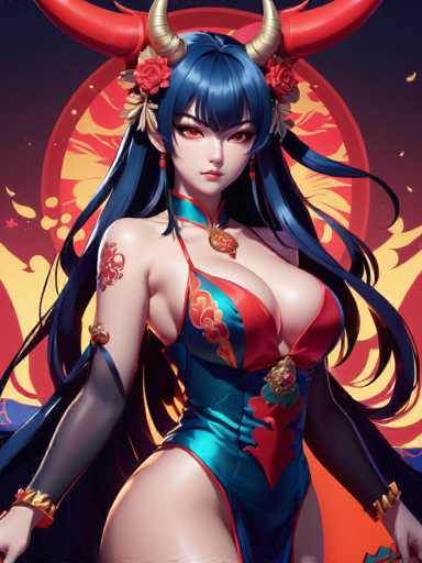 The image depicts a woman with long dark hair wearing a blue dress adorned with red flowers and gold accents. She is standing against a backdrop of a red circle with a yellow center, surrounded by flames that appear to be dancing around her. The woman's face is partially obscured by the flames, adding an element of mystery to the scene.