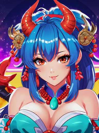 The image shows an illustration of a woman with blue hair and red horns. She is wearing a green dress that has a gold necklace around her neck. The background features a purple sky with stars.