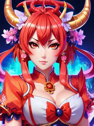 The image shows an illustration of a woman with red hair and horns, dressed in traditional Chinese clothing. She is wearing a white dress with a blue bow on her head. The background is dark blue, providing a stark contrast to the vibrant colors of the woman's attire.