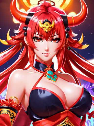 The image shows a close-up portrait of a woman with red hair and horns, dressed in traditional Chinese clothing. The woman is wearing a black dress that contrasts with her fiery red hair. She has long, flowing red hair that cascades down to her shoulders. Her face features striking red eyes and a large nose, adding to the intensity of her appearance. The background is dark and out of focus, drawing attention to the woman in the foreground.
