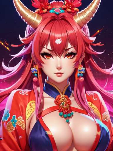 The image shows an illustration of a woman with long red hair and large horns wearing a blue dress adorned with gold accents. She is positioned against a dark purple background, which contrasts with her vibrant attire. The woman's face features striking red eyes and a nose, adding to the overall intensity of the scene.