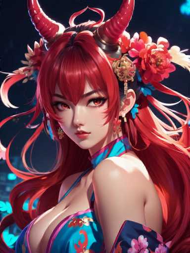 The image shows an illustration of a woman with red hair and large horns wearing a blue dress adorned with flowers. The woman is positioned against a dark background, which contrasts with her vibrant appearance.