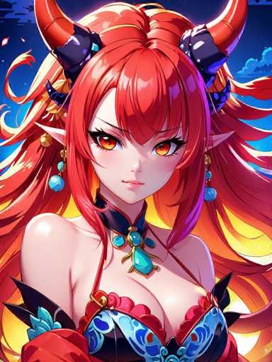 The image shows an illustration of a woman with red hair and long, flowing hair styled in a fishtail braid. She is wearing a blue dress adorned with gold accents and has large, expressive eyes that seem to be looking directly at the camera. The background features a dark blue sky with clouds, adding depth to the scene.