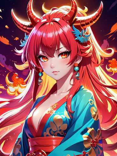 The image shows a woman with long red hair and large horns wearing a blue dress adorned with gold flowers. She is looking directly at the camera with an intense gaze. The background features a dark purple color with orange and yellow elements scattered throughout, creating a vibrant and dynamic atmosphere.