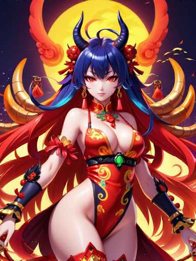 The image depicts a female character with long red hair and blue eyes wearing a vibrant red dress adorned with gold accents. The character is standing against a backdrop of a full moon and yellow flowers, suggesting a fantastical or magical setting.