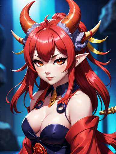 The image shows a female character with red hair and horns standing against a blue background. She is wearing a black dress that has a red collar and a gold necklace. The character's face features red eyes and a red nose, giving her a striking appearance.