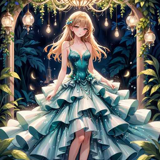 A young girl with blonde hair is standing in a garden at night, wearing a blue dress with white ruffles and a flower on her shoulder. The garden around her features green plants and hanging lights that cast a warm glow over the scene.