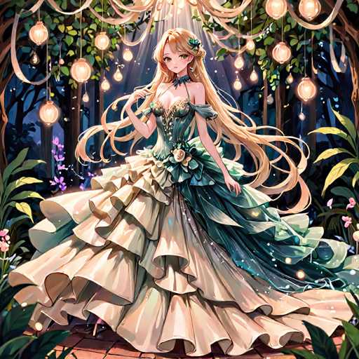 A beautiful girl with long blonde hair is standing on a brick path surrounded by lush green trees and flowers. She is wearing a long, flowing dress that matches the color of the leaves around her. The background features hanging lights in shades of yellow and white, creating an ethereal glow that illuminates the scene.