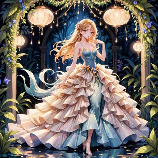 A beautiful girl with blonde hair is standing in a garden at night under the light of lanterns and flowers. She is wearing a long dress that flows down to her feet. The garden around her is filled with trees and bushes, creating an enchanting atmosphere.