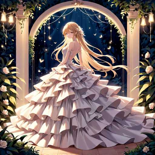 A young girl with blonde hair is standing in front of a white archway adorned with green vines and flowers. She is wearing a long white dress that flows down to her feet. The background features a dark blue sky filled with stars and the silhouettes of trees against this backdrop.