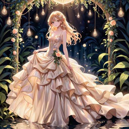 A beautiful young woman is the central figure in this digital illustration. She is elegantly dressed in a long white dress with a train and a flower on her lapel. The background features an archway adorned with hanging lights that cast a warm glow over the scene. The woman stands in front of a body of water, adding to the overall ambiance of the image.