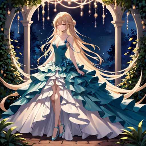 A beautiful blonde woman is standing on a brick path in front of an archway adorned with white and gold decorations. She is wearing a long blue dress that flows down to her feet, and she has high heels on. The background features lush green plants and trees under the night sky.