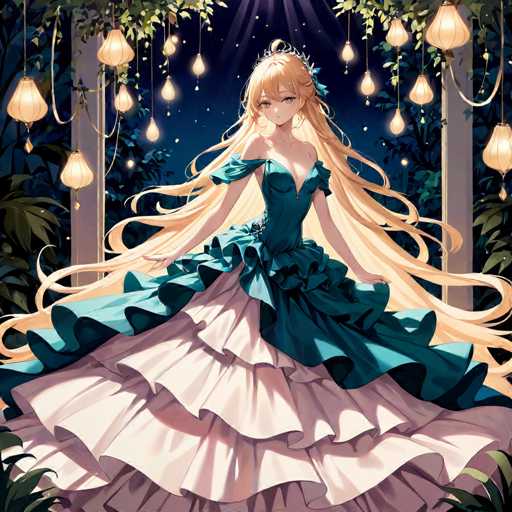 A beautiful blonde girl with long hair is the main subject of this illustration. She is wearing a blue dress that has white ruffles and is holding a flower in her hand. The background features a garden filled with trees and flowers, creating an enchanting atmosphere. The girl's position in front of these elements suggests she might be standing under a tree or near a pond.