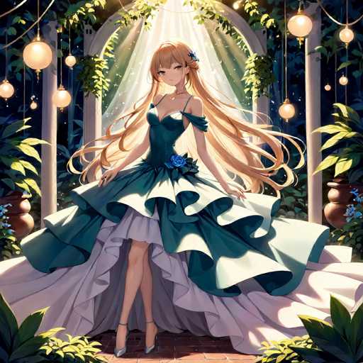 A young girl with long blonde hair is standing on a brick path surrounded by lush green plants and hanging lanterns. She is wearing a blue dress with white ruffles and a flower in her hair. The background features a large archway adorned with hanging lanterns that cast a warm glow over the scene, creating an ethereal atmosphere.