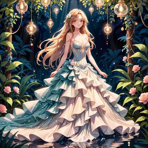 A beautiful girl with long blonde hair is standing on a riverbank wearing a white and blue dress with ruffles. The background features trees and flowers, creating an enchanting forest setting.