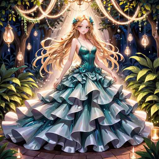 A beautiful young woman with long blonde hair is standing in a garden surrounded by trees and plants. She is wearing a blue and white dress that has ruffles on the sides. The garden around her features various types of plants and flowers, creating a serene and picturesque setting for the scene.