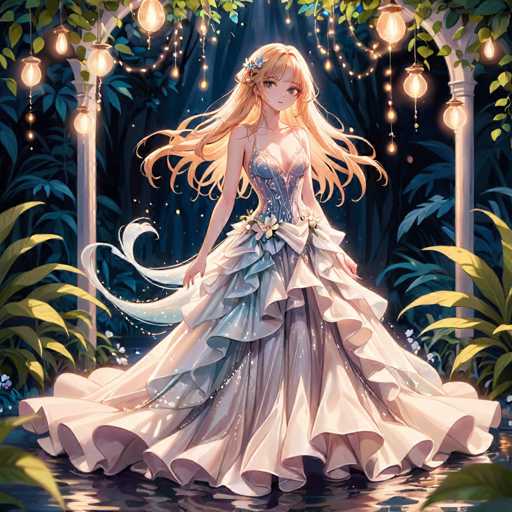 A beautiful girl with long blonde hair is standing on a bridge made of white pillars and surrounded by lush green plants. She is wearing a stunning white dress adorned with blue flowers that flows down to her feet. The background features a dark forest filled with trees and bushes, creating an enchanting atmosphere.