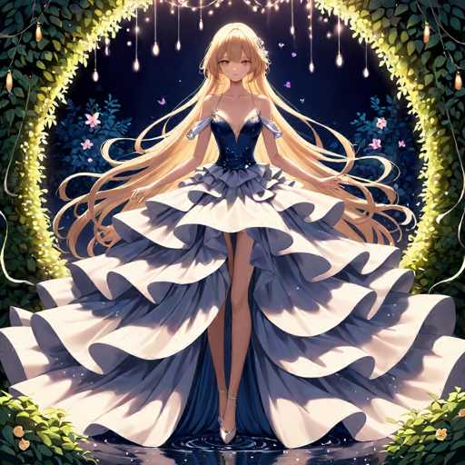 A beautiful blonde woman is standing in a garden with long hair cascading down her back and wearing a blue dress that matches the color of the sky above. The garden around her features green plants and flowers, creating an enchanting atmosphere.