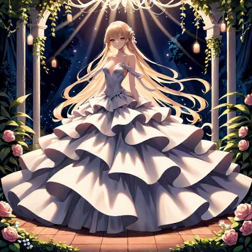 A beautiful blonde girl is standing on a brick floor with her arms crossed and looking directly at the camera. She is wearing a long white dress that flows down to her feet, and she has a flower in her hair. The background features a large archway adorned with flowers and plants, creating an enchanting atmosphere.
