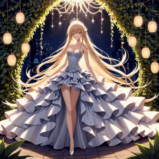A young woman with long blonde hair is standing on a stone path in front of an archway adorned with hanging lanterns and plants. She is wearing a blue dress that falls to her knees, and she is holding a bouquet of flowers. The background features a dark sky filled with stars and the silhouettes of trees against it.