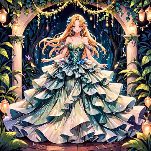 A beautiful girl with long blonde hair is standing on a platform adorned with flowers and lanterns. She is wearing a green dress that flows down to her feet, and she has a crown of flowers on her head. The background features trees and bushes, creating an enchanting forest setting.