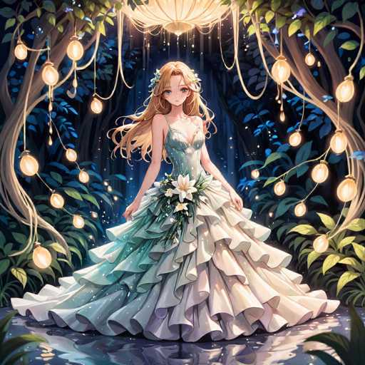 A beautiful girl with long blonde hair is standing in a garden surrounded by trees and flowers. She is wearing a white dress that has a green train on it. The background of the image features blue lights hanging from the trees, creating an enchanting atmosphere.