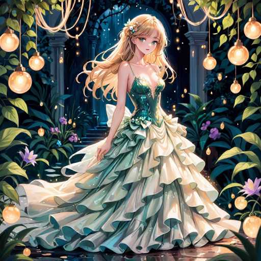 The image depicts a young girl with blonde hair and green eyes wearing a long, flowing dress that is predominantly white with ruffles at the bottom. The dress has a train trailing behind her as she walks through a garden filled with purple flowers and plants. The background features a dark blue sky with twinkling lights hanging from it, creating an ethereal atmosphere.