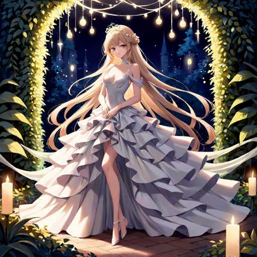 A beautiful young woman stands elegantly on a brick path, wearing a stunning white wedding dress with a train and long blonde hair cascading down her back. The setting is an enchanting garden at night, with twinkling lights illuminating the scene and trees in the background.