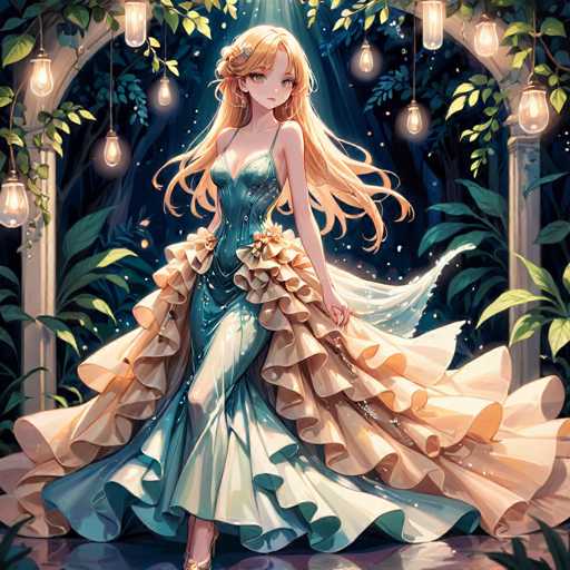 A beautiful young woman with blonde hair is the main subject of this digital illustration. She is wearing a long, flowing dress that is predominantly blue and white in color. The dress has ruffles on the sides, adding an elegant touch to her appearance. The background features trees and plants, creating a natural and serene atmosphere around the woman. There are also lights hanging from the ceiling, casting a warm glow over the scene.
