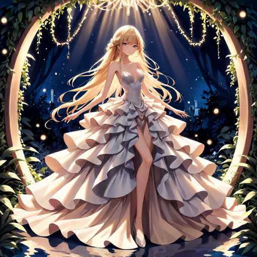 A beautiful young woman stands in a garden at night, wearing a long white dress with ruffles and a corset that accentuates her figure. The garden is illuminated by string lights, casting a warm glow on the scene.