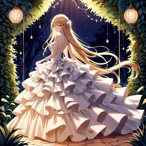 A young girl with long blonde hair is standing on a brick path and looking towards the camera. She is wearing a white dress that has ruffles down the back and a flower in her hair. The background features green trees and hanging lanterns.