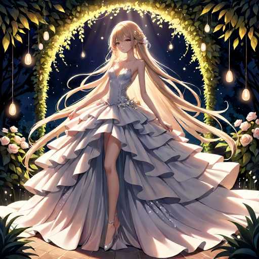 A young girl with long blonde hair is standing on a stone path in front of an archway adorned with green vines and flowers. She is wearing a white dress that falls down to her knees, and she has silver shoes on her feet. The background features trees and bushes under a dark sky filled with stars.