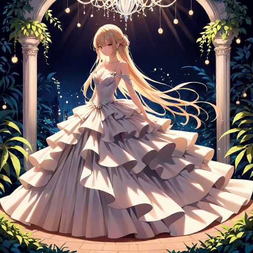 A young girl with blonde hair is standing in a garden at night, wearing a white dress and holding a bouquet of flowers. The garden features a large archway adorned with plants and lights that cast a warm glow on the scene.