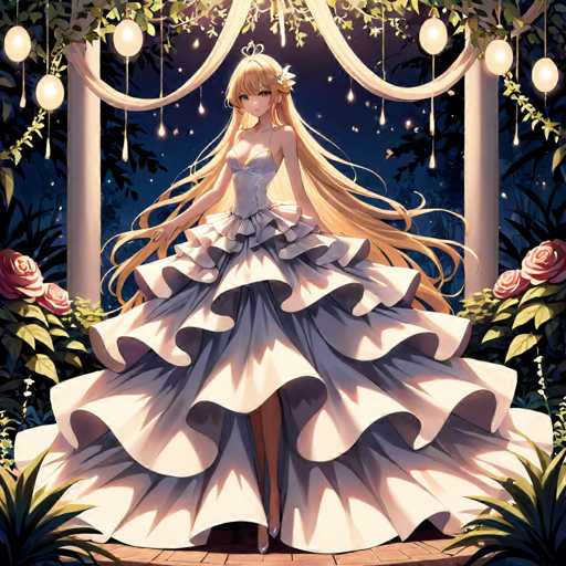 A woman with blonde hair and a white dress stands in front of a garden filled with pink roses and green plants. The garden is illuminated by string lights hanging from the ceiling, creating a magical atmosphere.