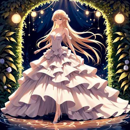 A beautiful blonde woman is standing on a puddle in front of an archway adorned with hanging lanterns and surrounded by lush green plants. She is wearing a long white dress that flows down to her feet, and she has her arms outstretched as if embracing the serene atmosphere around her.
The image does not contain any discernible text or countable objects, but it features a woman in a flowing white dress standing on a puddle with an archway adorned with hanging lanterns behind her.