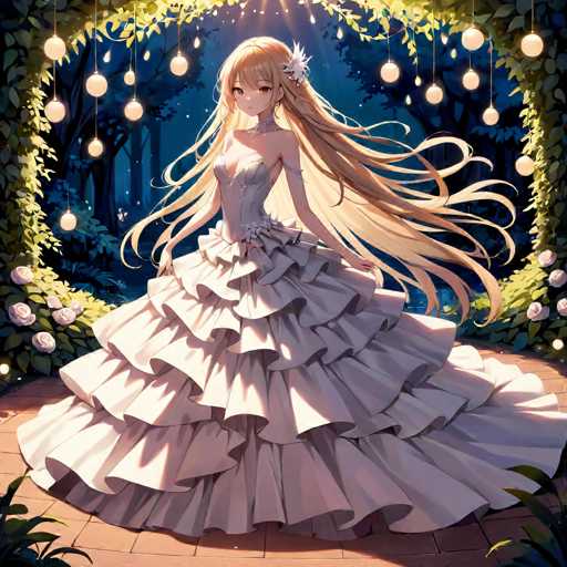 A beautiful young girl with long blonde hair is standing on a brick path surrounded by lush green trees and bushes. She is wearing a white dress that flows down to her feet, and she has a flower in her hair. The background features hanging lights that cast a warm glow over the scene.