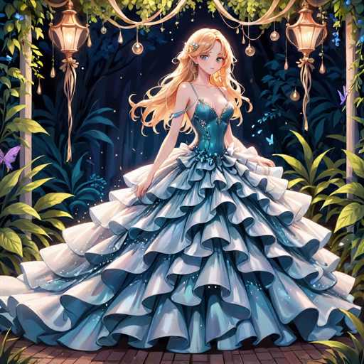 A young girl with blonde hair is standing in a garden at night, wearing a blue dress and holding a lantern. The garden around her features trees and bushes, creating an enchanting atmosphere.